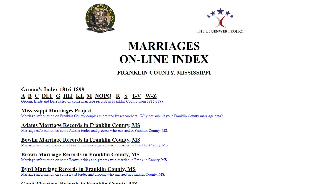 Franklin Co., MS: Marriages On-line Index